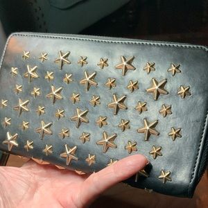 Jimmy Choo Carnaby large star studs  black leather wallet - hardware gold.
